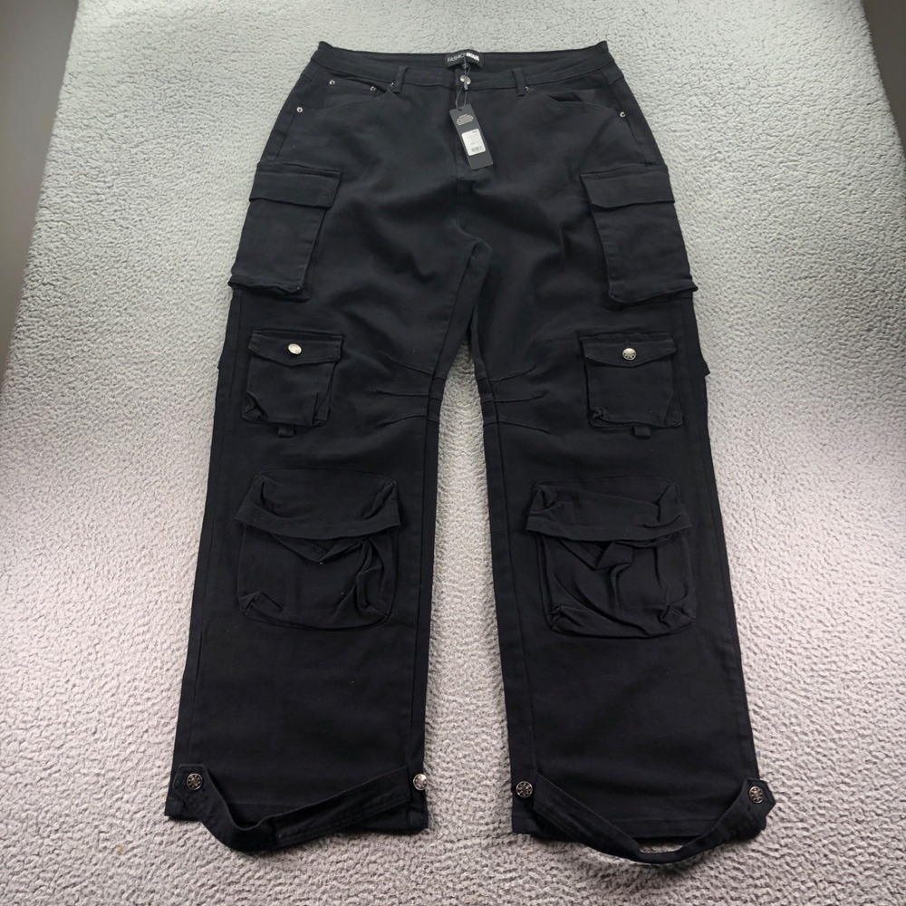 Fashion Nova Jeans Womens 14 Black Cargo Baggy Wide Leg Goth Emo Cyberpunk NEW